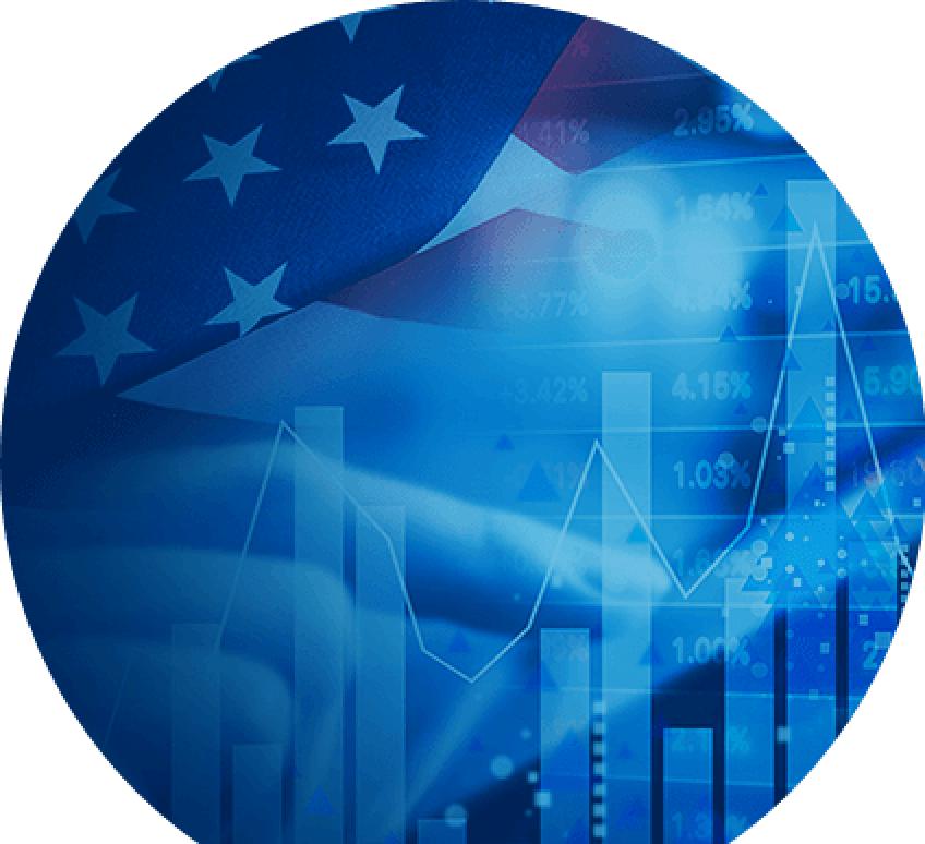 Bandera Estadounidense con gráficas e indicadores financieros