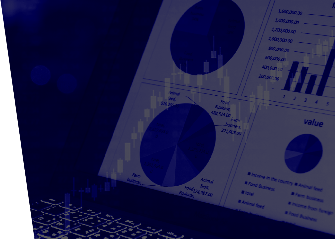 Laptop con gráficas de pie con indicadores financieros