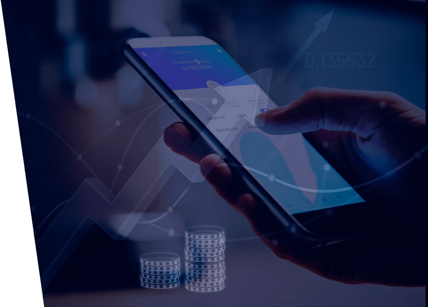 Persona usando la aplicación de Finamex en su teléfono y fondo de torre de monedas con gráficas
