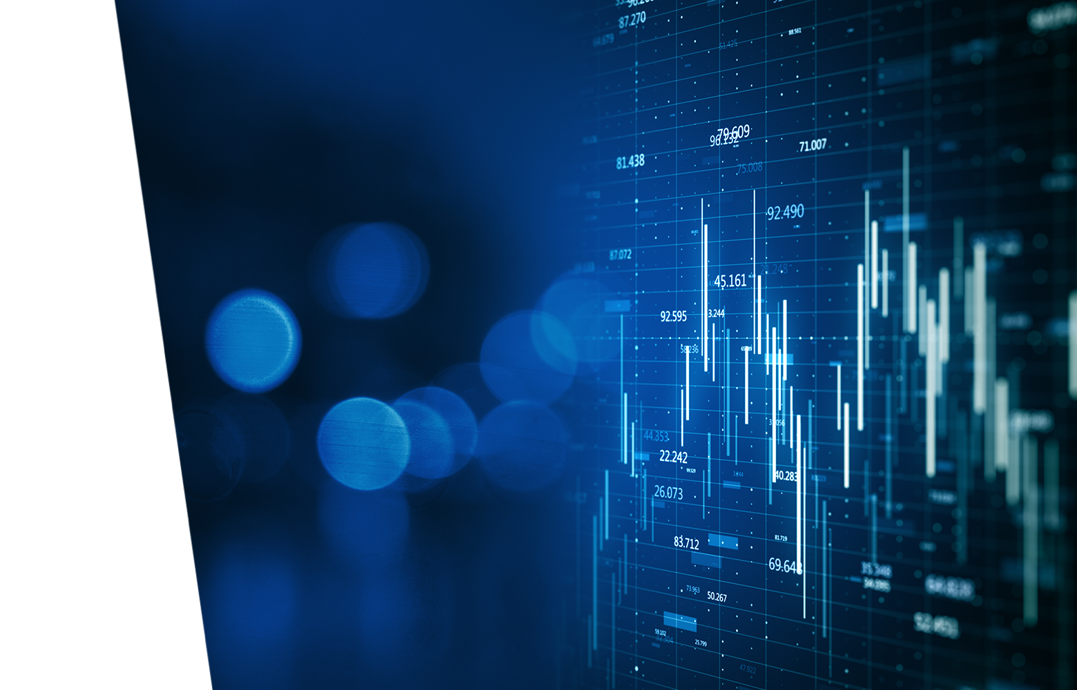 Fondo desenfocado de círculos azules con gráficas de indicadores financieros