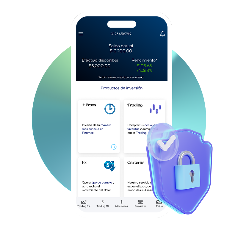 Dispositivo móvil con dashboard de finamex en línea y escudo