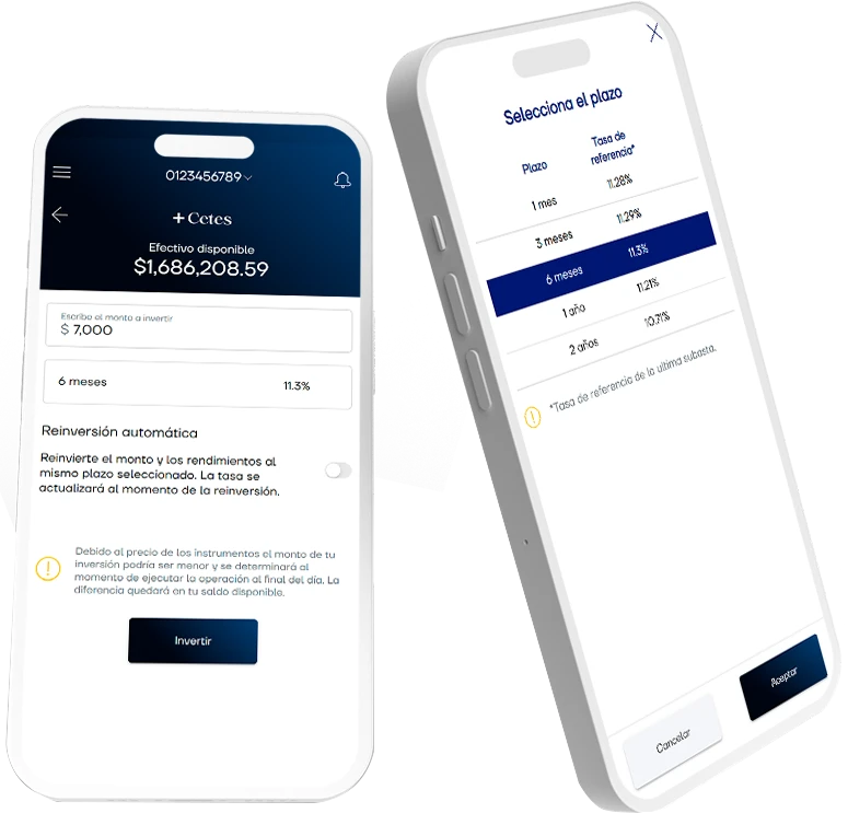 Vista frontal de teléfonos mostrando diferentes vistas de +cetes en la aplicación Finamex en línea