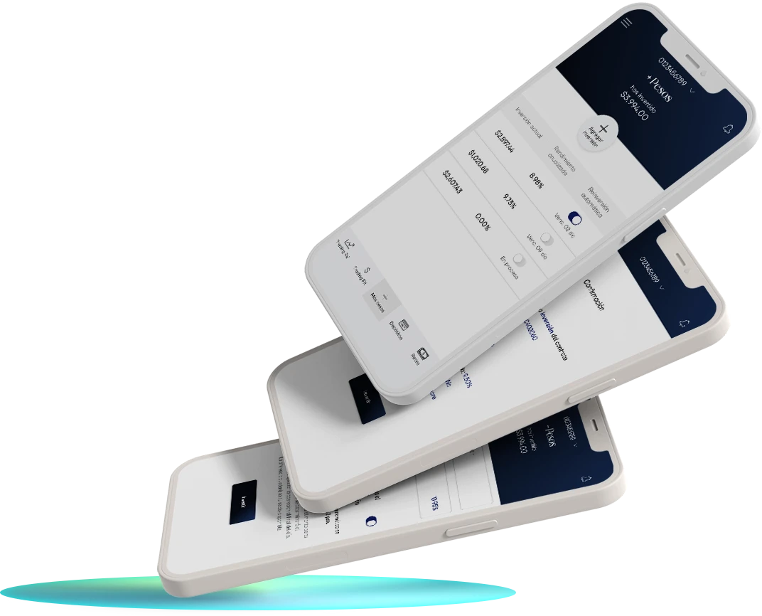 Vista frontal de teléfonos mostrando diferentes vistas de +pesos en la aplicación Finamex en línea
