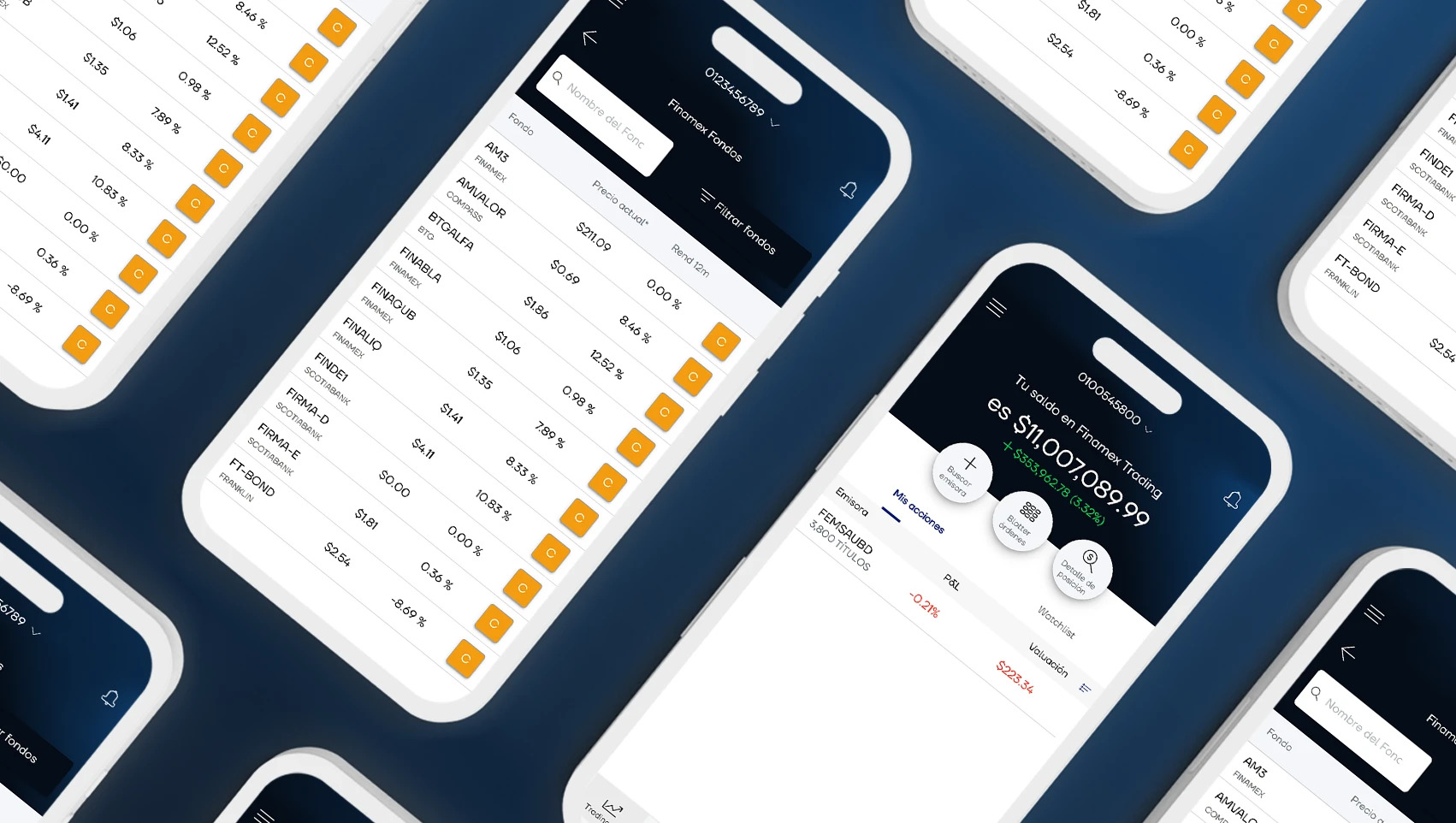 Pantalla principal de la seccion Tradding de la aplicacion Finamex con saldo disponible y resumen de ordenes junto a pantalla de opciones de compra de fondos.