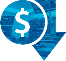 Ilustración de moneda y flecha hacía abajo con textura de monitores con indicadores financieros