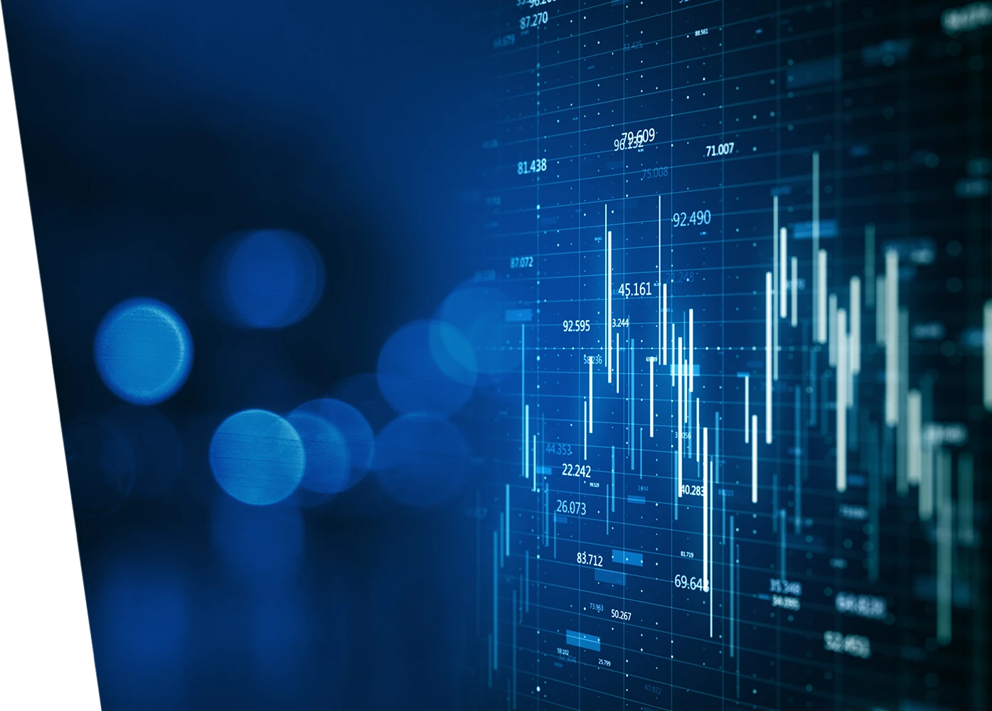 Fondo desenfocado de cÃ­rculos azules con grÃ¡ficas de indicadores financieros
