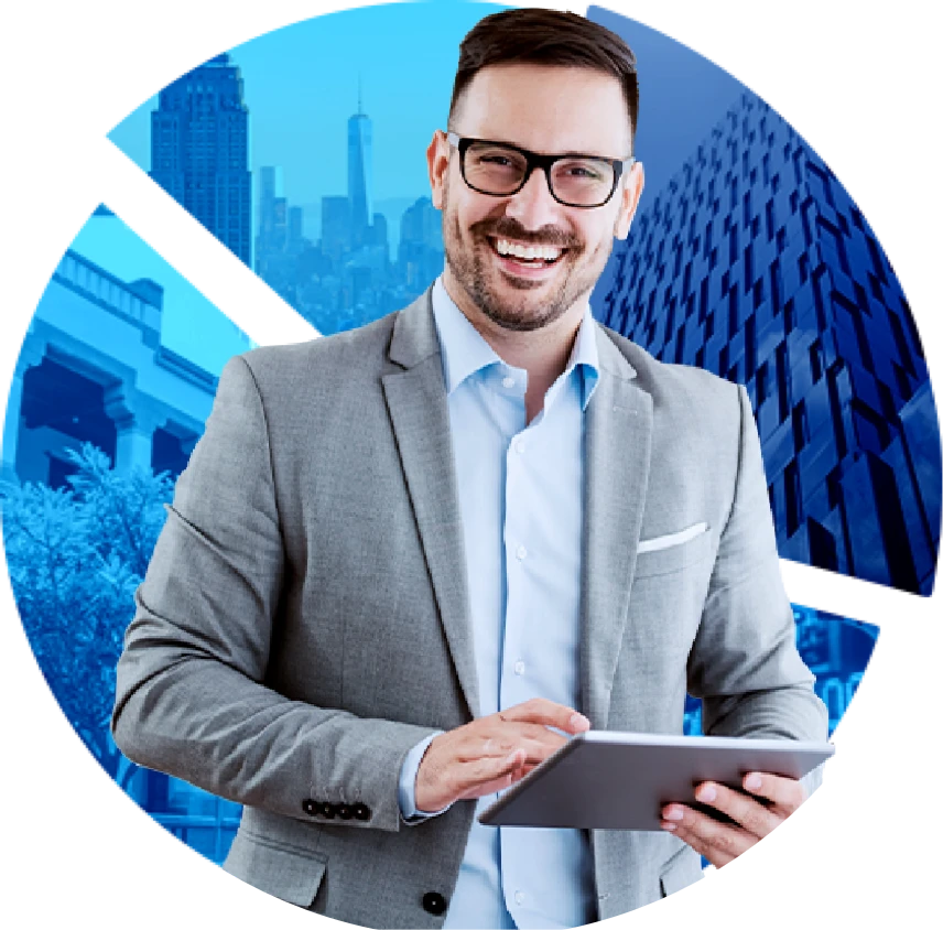 Hombre ejecutivo sujetando tablet sobre fondo de gráfica de pie con textura de edificaciones